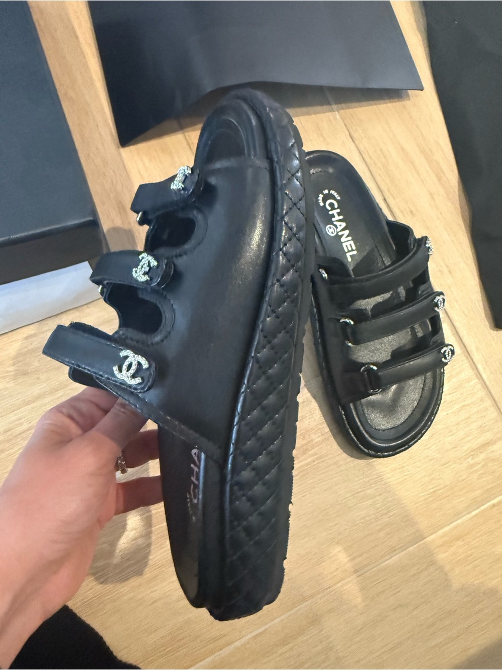 Black Triple-Strap CC Logo Slide Sandals - Picture 2 of 4